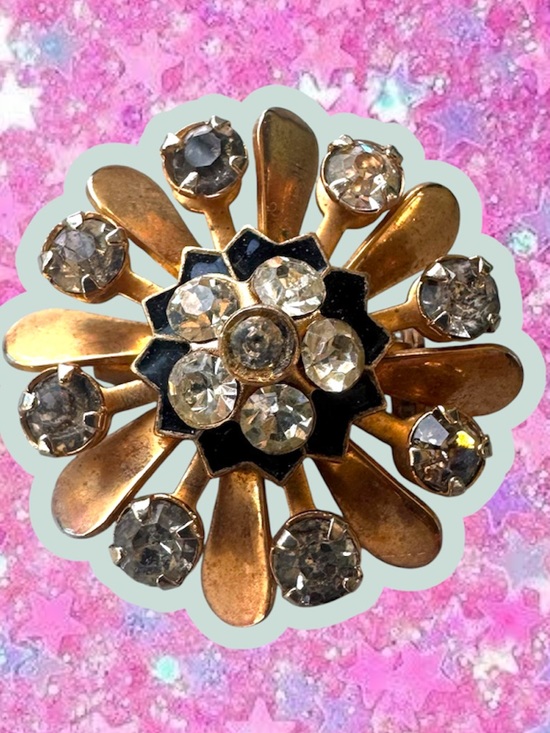 Unsigned Jewelry - Vintage 1950s Gold enamel rhinestone Brooch flower unsigned Coro pin trifari